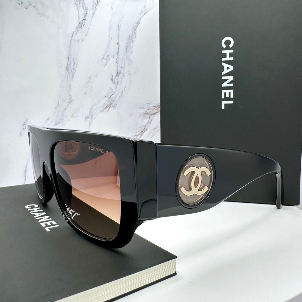 CHANEL Sunglasses Black Square Shield Gold CC Gradient Brown Lens - Picture 9 of 16